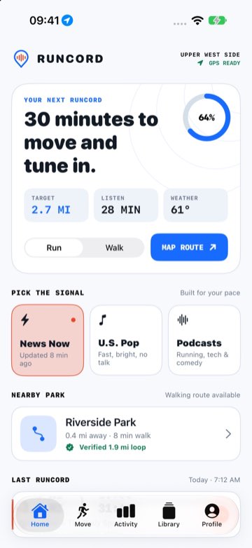 Runcord home screen showing a 30-minute route, audio choices, and a nearby verified park loop